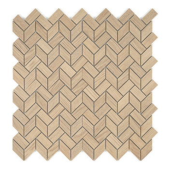 Les carreaux de bois forment un motif à chevrons, s'emboîtant en diagonale avec des tons beige et marron, créant un design géomé