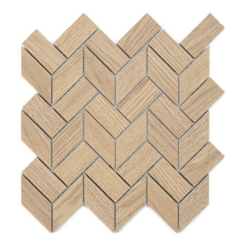 Os ladrilhos de madeira formam um padrão em espinha, entrelaçando-se diagonalmente com tons de bege e marrom, criando um desenho
