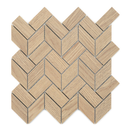 Les carreaux de bois forment un motif à chevrons, s'emboîtant en diagonale avec des tons beige et marron, créant un design géomé