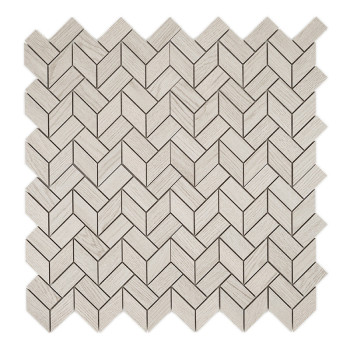 Light gray wood-like tiles form a zigzag pattern, creating a chevron design. The tiles interlock closely against a white backgro