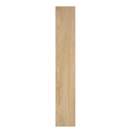 Un carreau de bois rectangulaire présente un motif de grain de chêne clair, ressemblant au bois naturel. Sur un fond blanc uni.