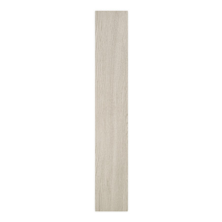 Eine lange, schmale, rechteckige Fliese weist ein helles Holzmaserungsmuster auf. es ruht vertikal vor einem weißen Hintergrund.