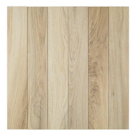 Six planches de bois, disposées verticalement, présentent des motifs de grain naturel et varient du brun clair au brun moyen, cr