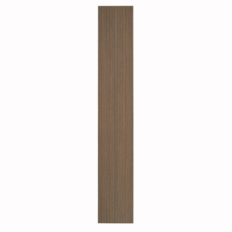 A long, narrow rectangular brown tile with vertical grooves runs vertically against a plain white background.
