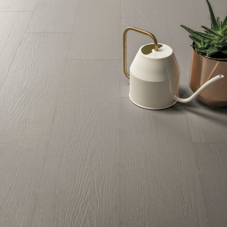 Un carrelage gris clair à texture de bois repose sur le sol, accompagné d'un arrosoir blanc avec une poignée dorée à côté d'une 
