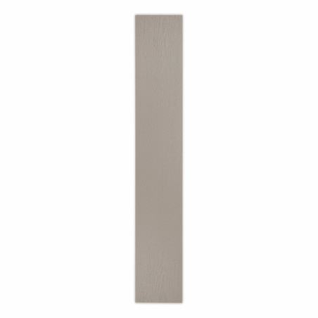 A rectangular, light gray ceramic tile stands vertically, displaying a smooth, slightly textured surface, set against a plain wh