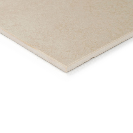 A beige ceramic tile with a smooth, matte finish rests against a white background, showcasing its clean, straight edges.