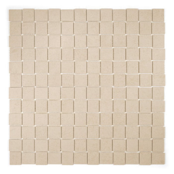 Quadratische beige Fliesen bilden ein Raster, wobei jede Fliese gleichmäßig neben den anderen platziert ist und so eine einheitl