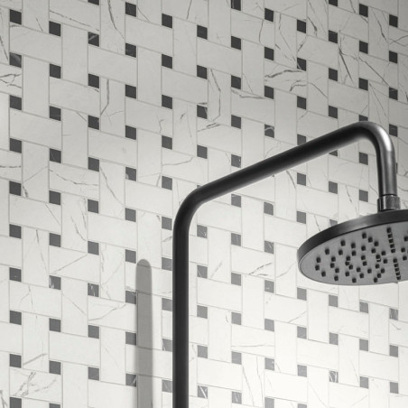 La pomme de douche s'étend d'un tuyau, incliné sur un mur recouvert d'un motif géométrique en forme de panier de carreaux gris e