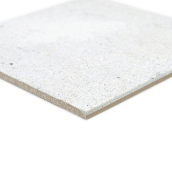 A smooth, square ceramic tile rests on a white background, showing a mottled light gray and beige speckled surface.
