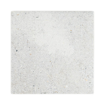 El objeto es una losa de piedra cuadrada, con una superficie moteada y texturizada en tonos grises y beige, sobre un fondo blanc