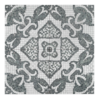 Die Mosaikfliese verfügt über komplizierte ineinandergreifende Blumenmuster in Grün und Weiß auf einem quadratischen Raster, wod