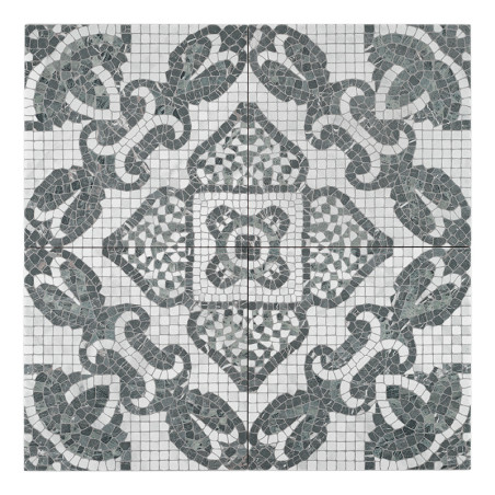 Un mosaico presenta un patrón simétrico e intrincado de formas entrelazadas de color verde oscuro y blanquecino, formando un mot