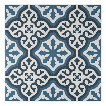 Eine Fliese zeigt ein kunstvolles Blumenmuster in Schwarz- und Blautönen. symmetrische Designs verbinden sich über vier Fliesen 