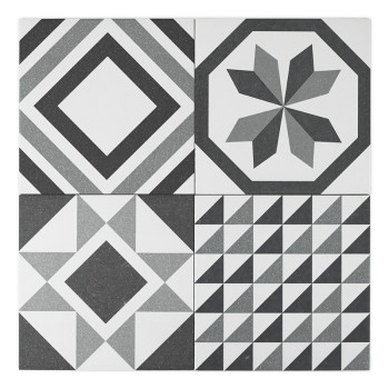 Um ladrilho quadrado apresenta padrões de diamante concêntricos em linhas pretas e cinza com fundo branco, criando um desenho ge