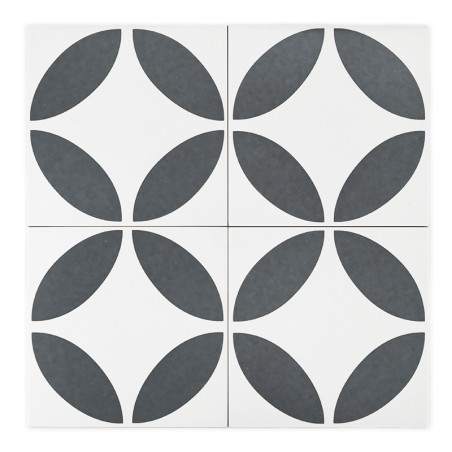 Four square tiles display a symmetrical pattern, featuring large dark gray ovals arranged in a circular motif on a white backgro