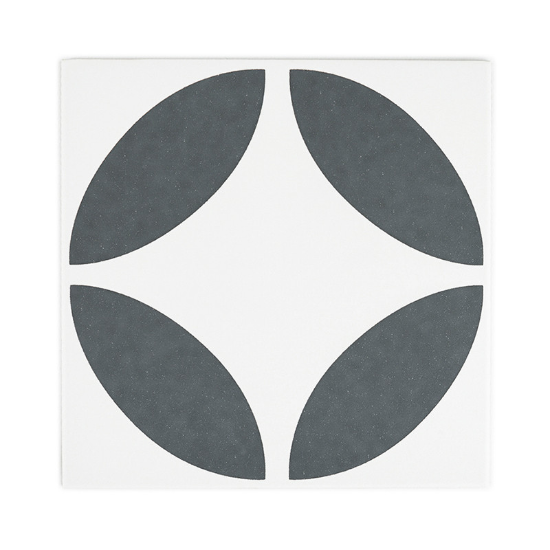 A square tile features four dark gray oval shapes, symmetrically positioned to form a cross-like pattern on a white background.