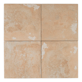 Four square beige tiles with a textured surface, arranged in a grid, show wear with irregular white patches, suggesting natural 