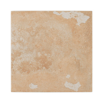 Un carreau de céramique beige présente un aspect patiné, avec des taches et des taches blanches sur sa surface, suggérant une es