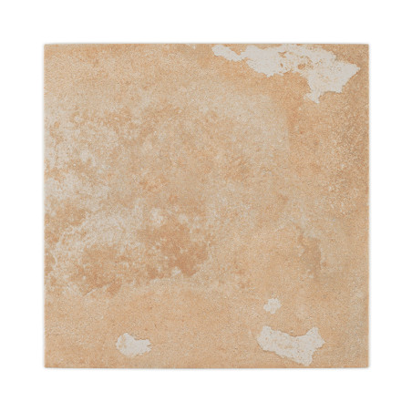 Un carreau de céramique beige présente un aspect patiné, avec des taches et des taches blanches sur sa surface, suggérant une es