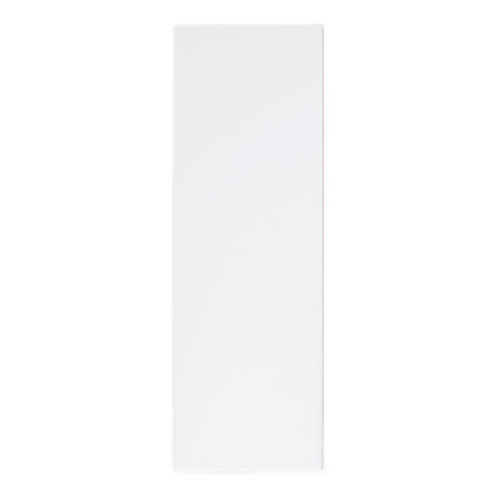 Um ladrilho retangular branco e liso é posicionado verticalmente contra um fundo branco e vazio, enfatizando sua superfície lisa