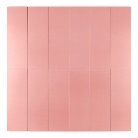 Doze ladrilhos retangulares rosa estão dispostos simetricamente em uma grade de quatro por três, criando um padrão uniforme e or