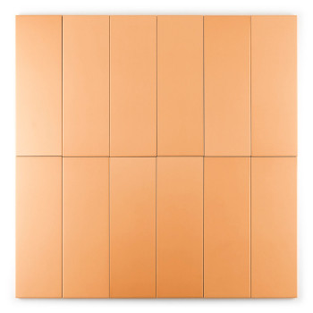 Un carreau rectangulaire orange de couleur unie repose à plat sur un fond blanc uni, soulignant sa texture lisse et son design s