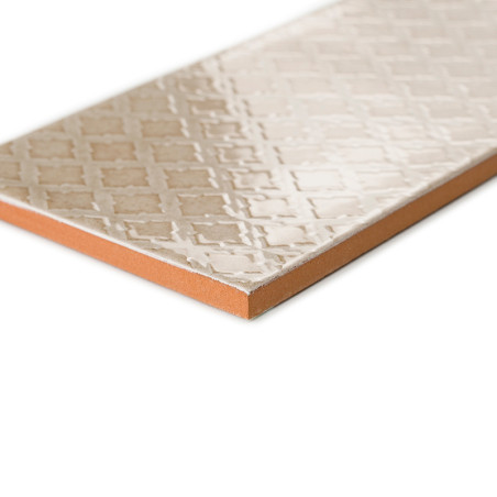 Un carreau de céramique rectangulaire, affichant des motifs géométriques en relief, repose sur un fond blanc, mettant en valeur 