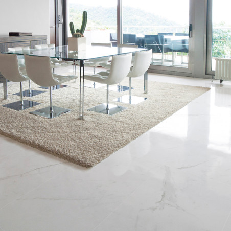 Un coin repas comprend une table en verre avec des chaises blanches sur un tapis beige, entouré d'un sol en marbre clair et de g