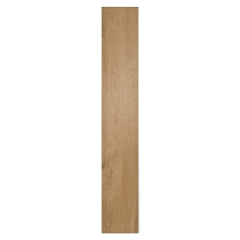 Una losa de madera larga y rectangular tiene un acabado marrón claro con patrones de vetas sutiles, que se asemeja a un piso de 