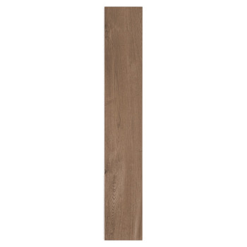 Azulejo de madera rectangular, orientada verticalmente, muestra patrones de vetas de madera natural en un tono marrón medio, sob