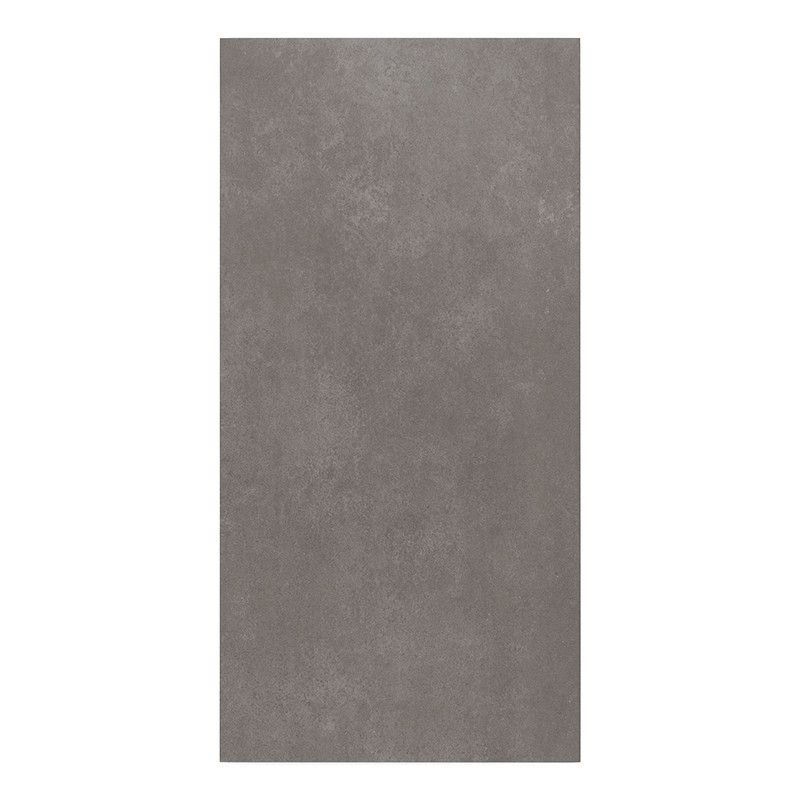 A rectangular tile with a smooth, matte gray surface, displaying slight textural variations, evokes a minimalist style in neutra