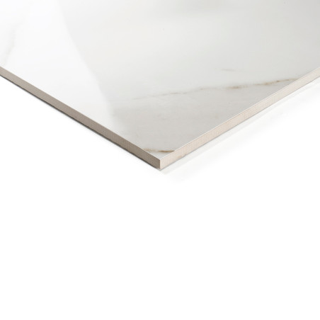 Un carreau lisse et brillant avec un motif semblable à du marbre repose sur une surface blanche unie, mettant en valeur des bord