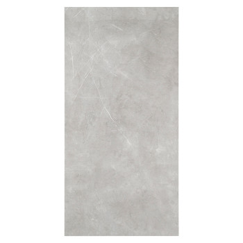 Un carreau rectangulaire gris clair avec de subtiles veines blanches repose sur un fond uni et blanc, ressemblant à une surface 