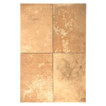 Un azulejo rectangular muestra una superficie marrón texturizada y moteada, lo que sugiere una apariencia de piedra rústica, ade