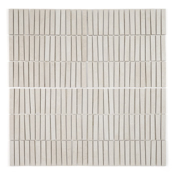 Rectangular, tapered white tiles are arranged in a grid pattern, each row subtly offset, creating a textured, symmetrical design