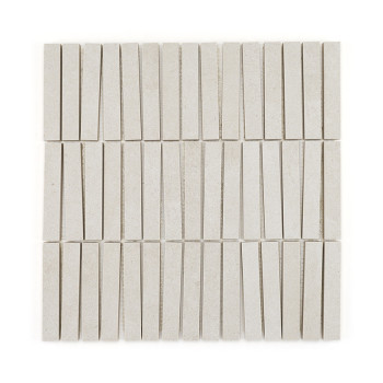 Rectangular, tapered white tiles are arranged in a grid pattern, each row subtly offset, creating a textured, symmetrical design