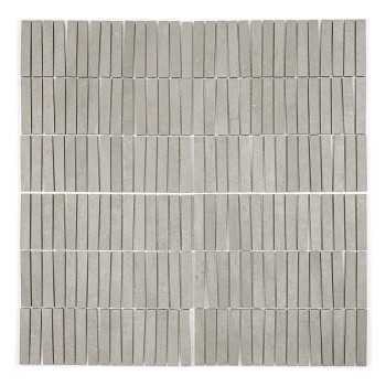 Rectangular gray tiles arranged in a staggered pattern form a square mosaic, creating a textured surface suitable for modern dec