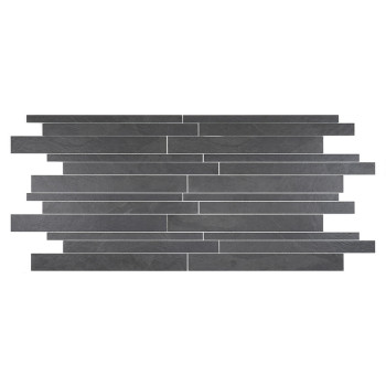Gray, elongated rectangular tiles are stacked horizontally in a staggered arrangement, creating a layered, contemporary design a