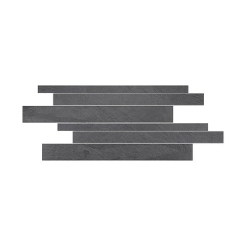 Gray, elongated rectangular tiles are stacked horizontally in a staggered arrangement, creating a layered, contemporary design a
