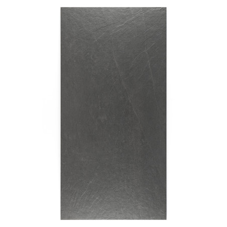 Una losa de piedra rectangular de color gris oscuro presenta vetas sutiles y naturales. Se apoya sobre un fondo blanco liso, res