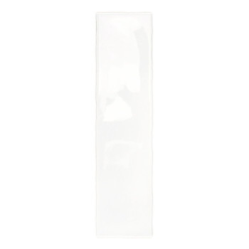 A rectangular white tile with a glossy finish rests vertically against a plain background, displaying its smooth, reflective sur