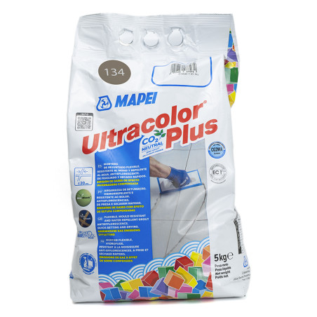 La bolsa de Mapei Ultracolor Plus presenta gráficos multicolores, texto azul y una imagen que muestra la aplicación de lechada e