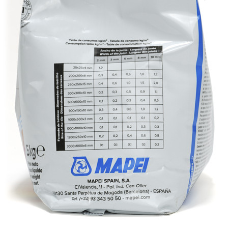 Una bolsa blanca de cemento de resina MAPEI muestra una tabla de consumo. El texto incluye `5kg`, `MAPEI SPAIN, S.A.` e informac