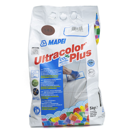 A white bag labeled `MAPEI Ultracolor Plus` shows tile application instructions, surrounded by colorful geometric shapes. Weight