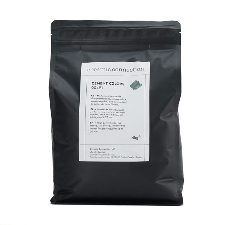 A black pouch labeled `ceramic connection` contains 4 kg of resin cement with usage instructions in Spanish below the brand name