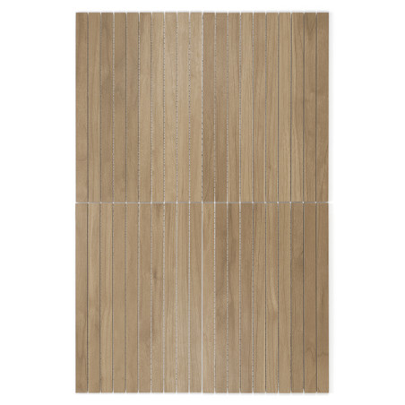 Les carreaux de bois rectangulaires comportent des lattes verticales et de fines rainures, créant un motif texturé. Utilisé pour