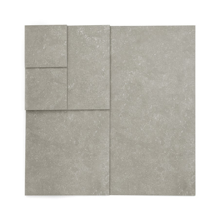 O conjunto de azulejos consiste em quatro azulejos retangulares cinza de tamanhos variados, dispostos sobre um fundo branco.