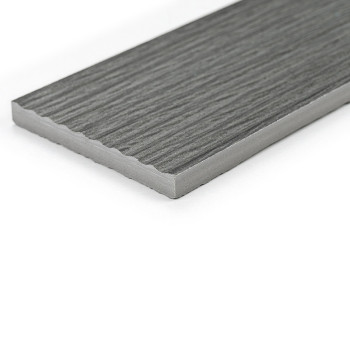 A rectangular, gray tile with a wood-like texture rests on a plain white background, showcasing its smooth edges and detailed su