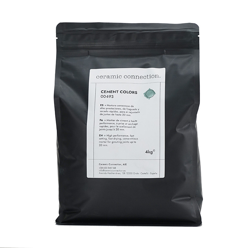Die schwarze Verpackung enthält Harz-Zement-Pulver mit der Aufschrift „Keramikverbindung. ZEMENTFARBEN 00493, 4 kg“ für Boden- u